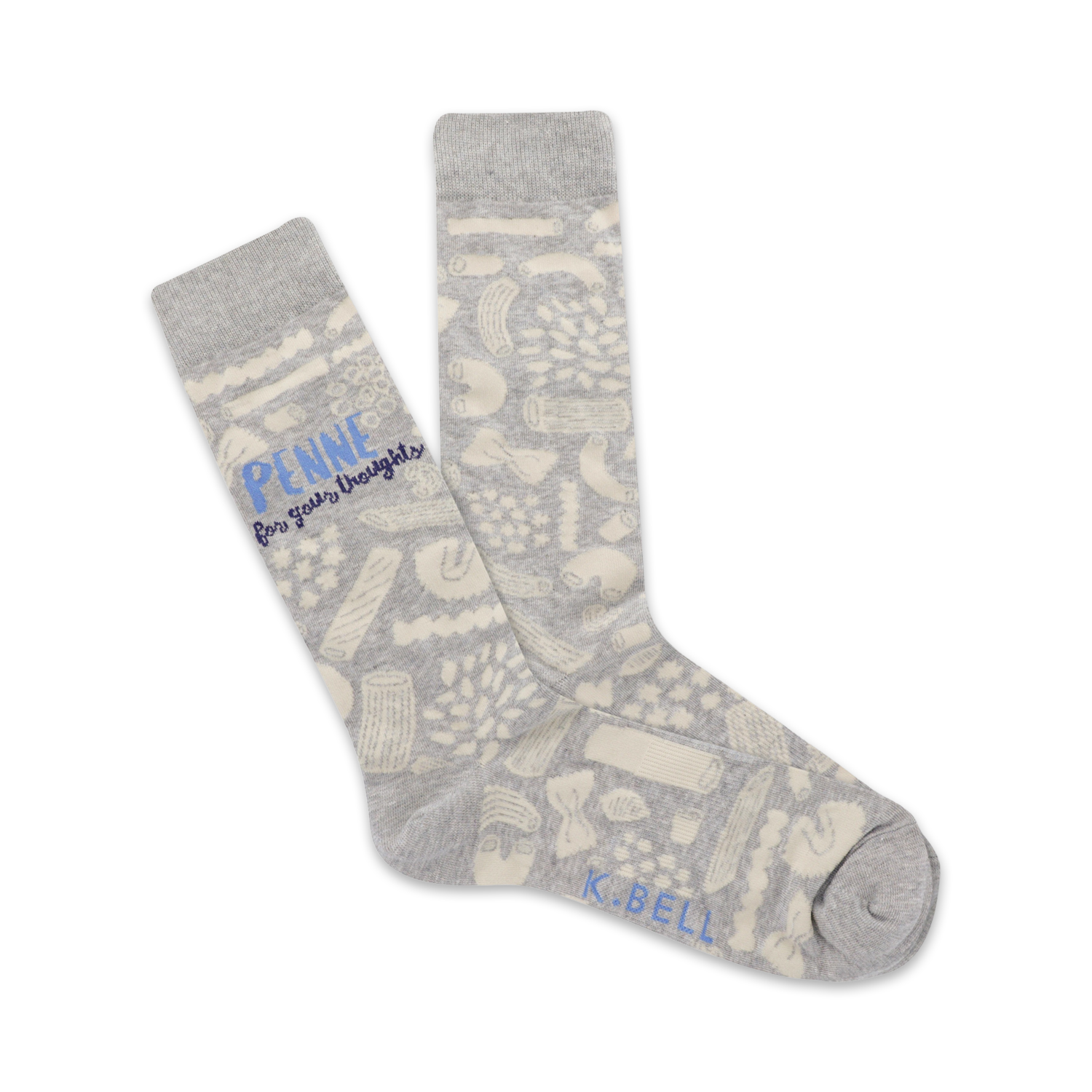 Pair of grey crew socks featuring a whimsical pasta pattern and the text 'Penne For your thoughts' in light blue.
