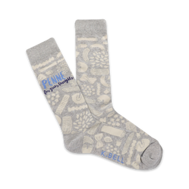 mens gray crew socks with penne pasta pattern and "penne for your thoughts" text.   