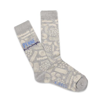mens gray crew socks with penne pasta pattern and "penne for your thoughts" text.   