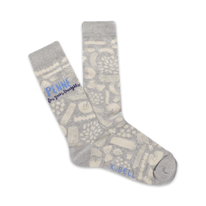 mens gray crew socks with penne pasta pattern and 