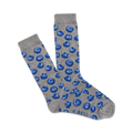 Pair of grey crew socks with a repeating pattern of dark blue blueberries. Fun and comfortable.