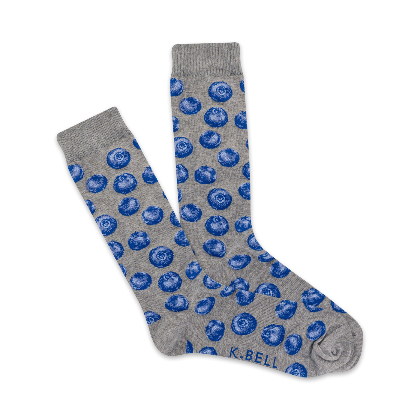 Pair of grey crew socks with a repeating pattern of dark blue blueberries. Fun and comfortable.