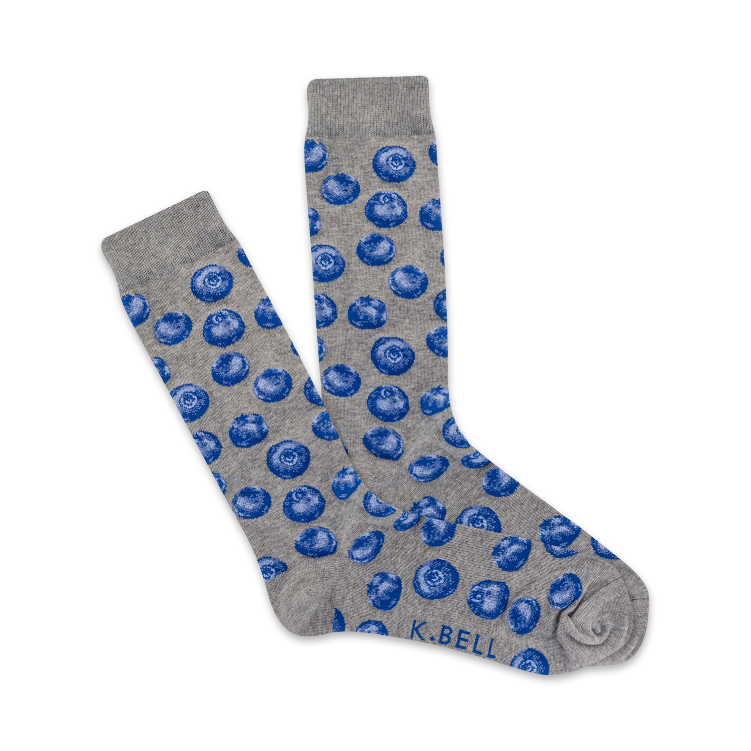 Pair of grey crew socks with a repeating pattern of dark blue blueberries. Fun and comfortable.