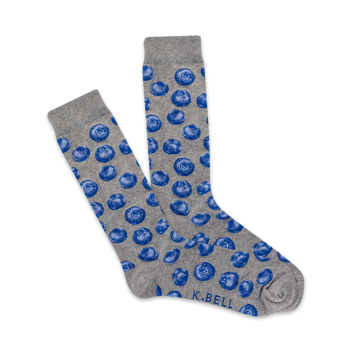 gray crew socks with a blueberry pattern in dark and light blue.   }}
