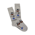 Pair of grey crew socks with a fun design featuring coffee pots, coffee cups, and the text 'No Coffee No Workee'.