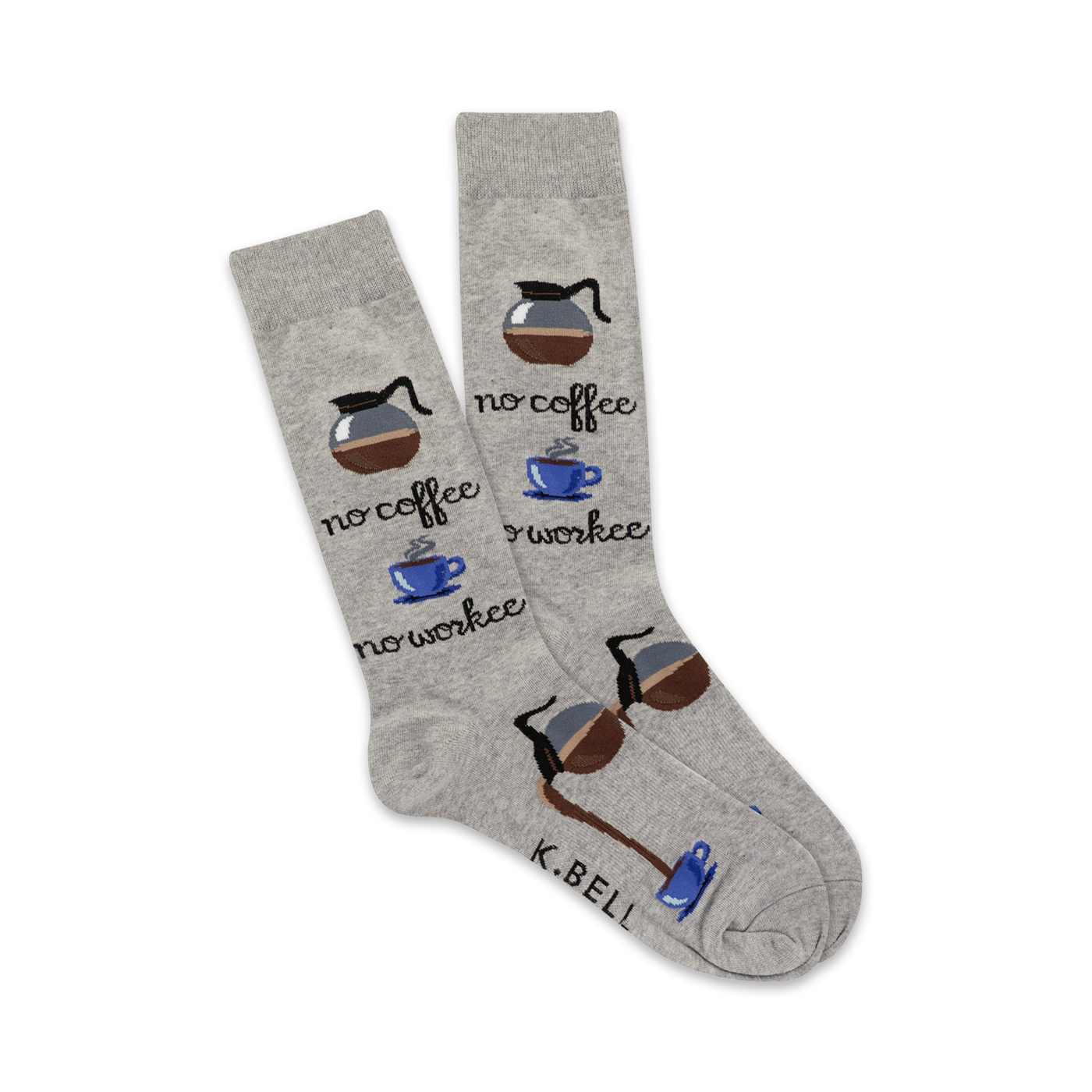 Pair of grey crew socks with a fun design featuring coffee pots, coffee cups, and the text 'No Coffee No Workee'.