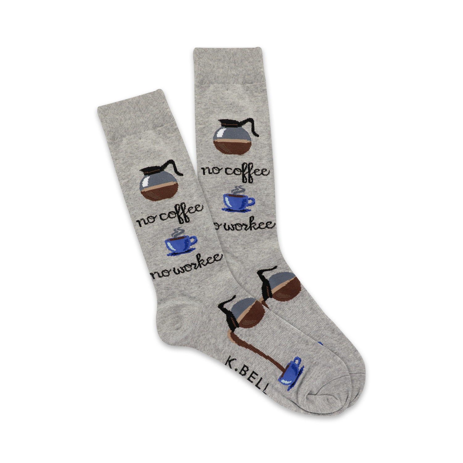 Pair of grey crew socks with a fun design featuring coffee pots, coffee cups, and the text 'No Coffee No Workee'.