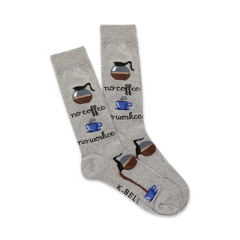  gray crew socks with coffee pot and coffee cup pattern and text "no coffee no workee."  