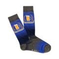 A pair of crew socks in blue and gray. The socks feature a graphic of a beer mug with wheat and the word 'Beergetarian'.