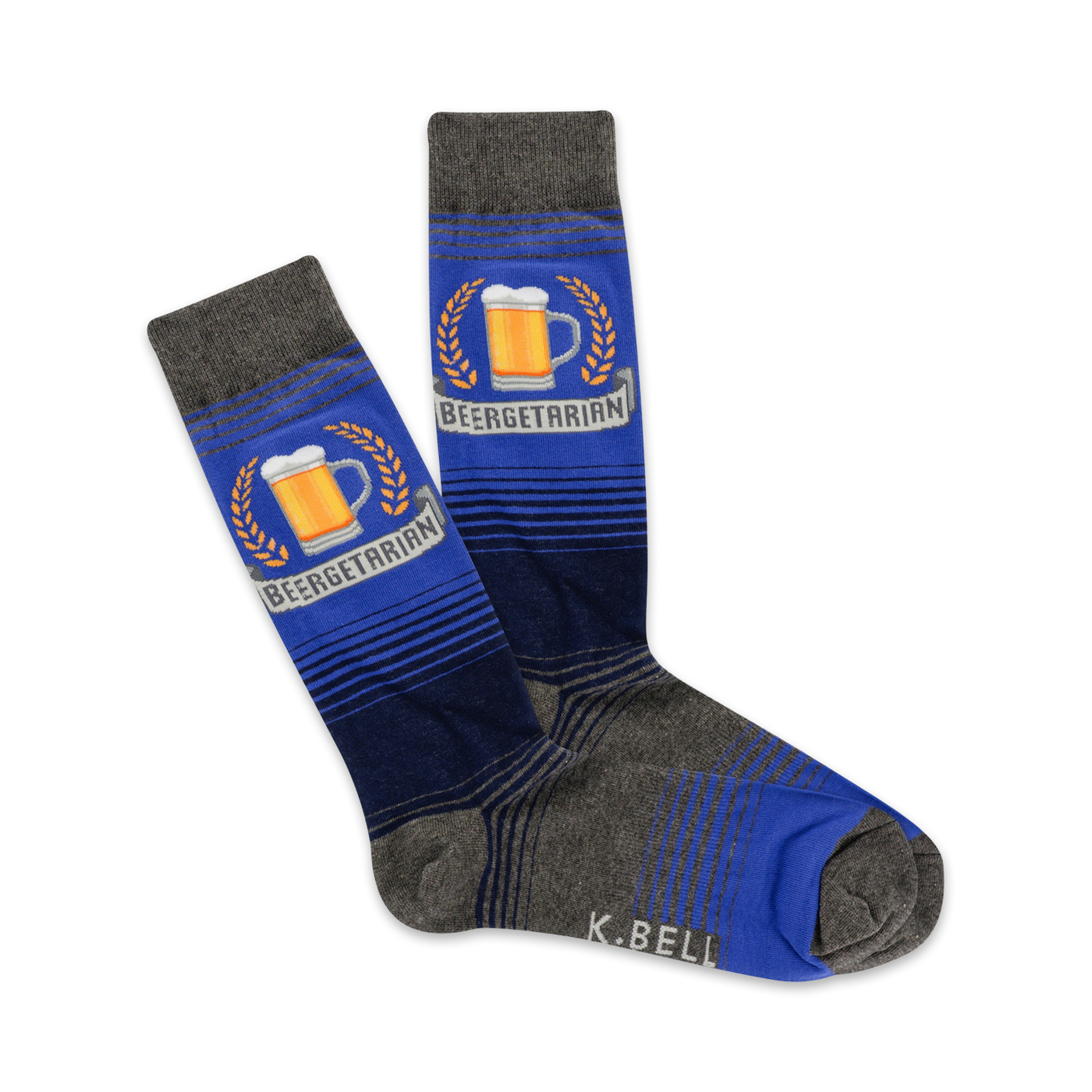 A pair of crew socks in blue and gray. The socks feature a graphic of a beer mug with wheat and the word 'Beergetarian'.