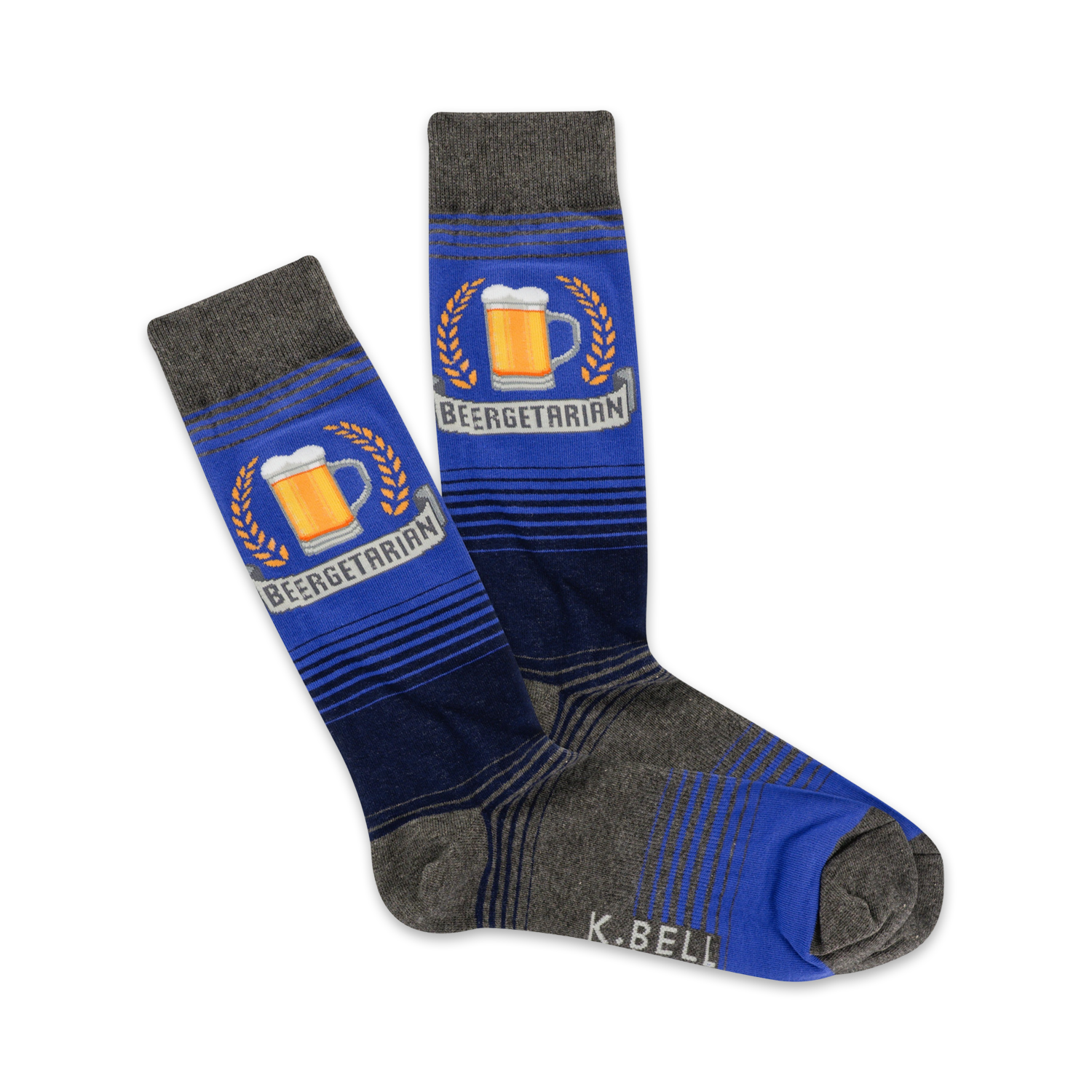 A pair of crew socks in blue and gray. The socks feature a graphic of a beer mug with wheat and the word 'Beergetarian'.