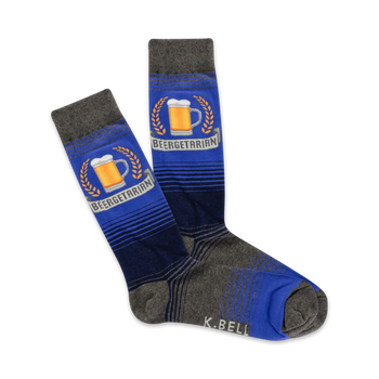 gray and blue striped crew socks with the word 'beergetarian' in yellow letters on a blue background.  