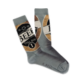 Pair of crew socks showcasing a vintage beer label design.  The socks are predominantly gray with tan and black accents.  'Tall Boy Beer' is printed on the socks.