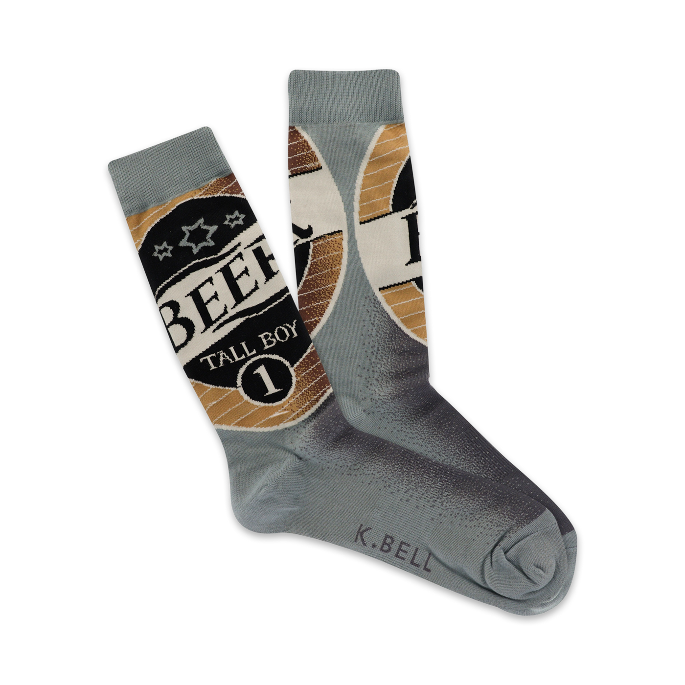 Pair of crew socks showcasing a vintage beer label design.  The socks are predominantly gray with tan and black accents.  'Tall Boy Beer' is printed on the socks.