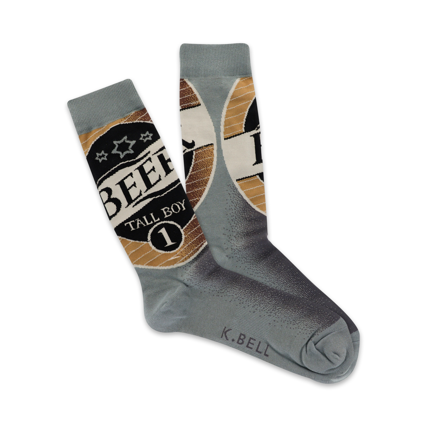 Pair of crew socks showcasing a vintage beer label design.  The socks are predominantly gray with tan and black accents.  'Tall Boy Beer' is printed on the socks.