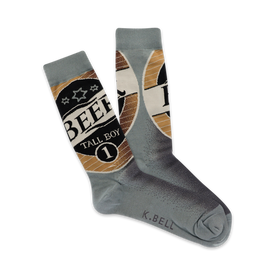 gray crew socks with brown beer label pattern and white circle with "tall boy" text. perfect for beer lovers!  