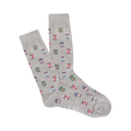A pair of gray crew socks with a repeating pattern of small illustrated beer cans in various colors. The brand's name is visible.