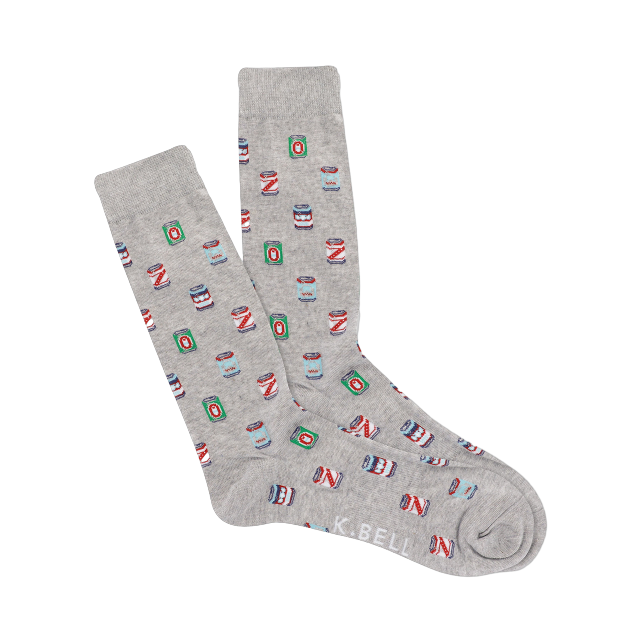 A pair of gray crew socks with a repeating pattern of small illustrated beer cans in various colors. The brand's name is visible.