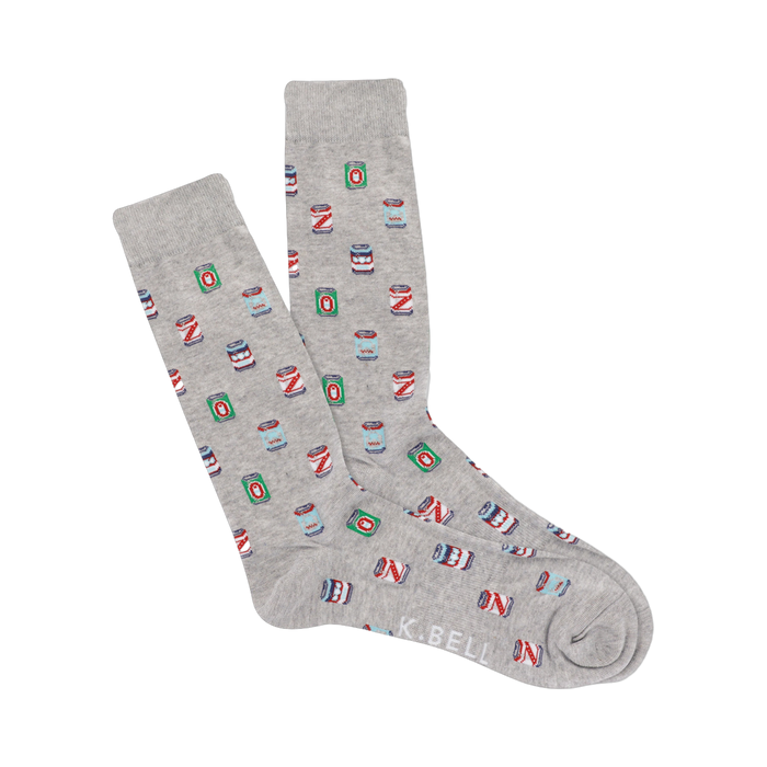 A pair of gray crew socks with a repeating pattern of small illustrated beer cans in various colors. The brand's name is visible. }}