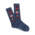 A pair of navy blue crew socks with a red wine bottle pouring into a wine glass graphic and the text 'Pour Decisions'.