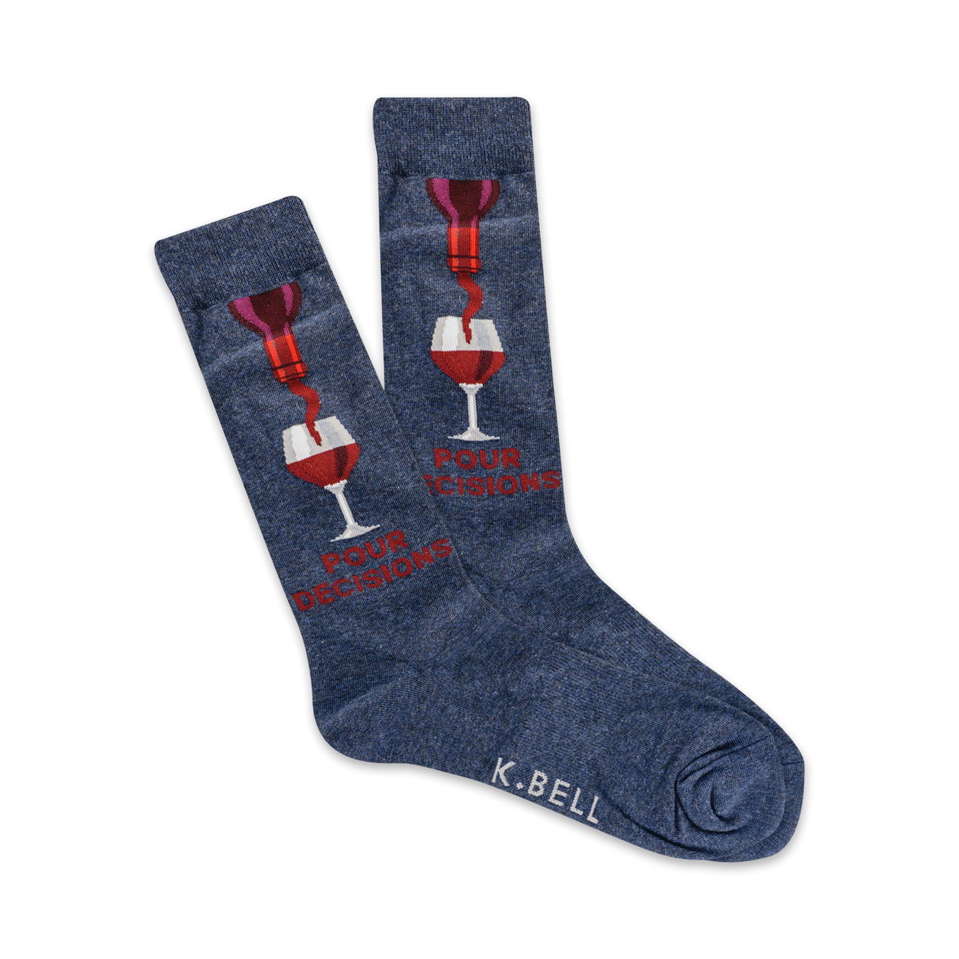 A pair of navy blue crew socks with a red wine bottle pouring into a wine glass graphic and the text 'Pour Decisions'.