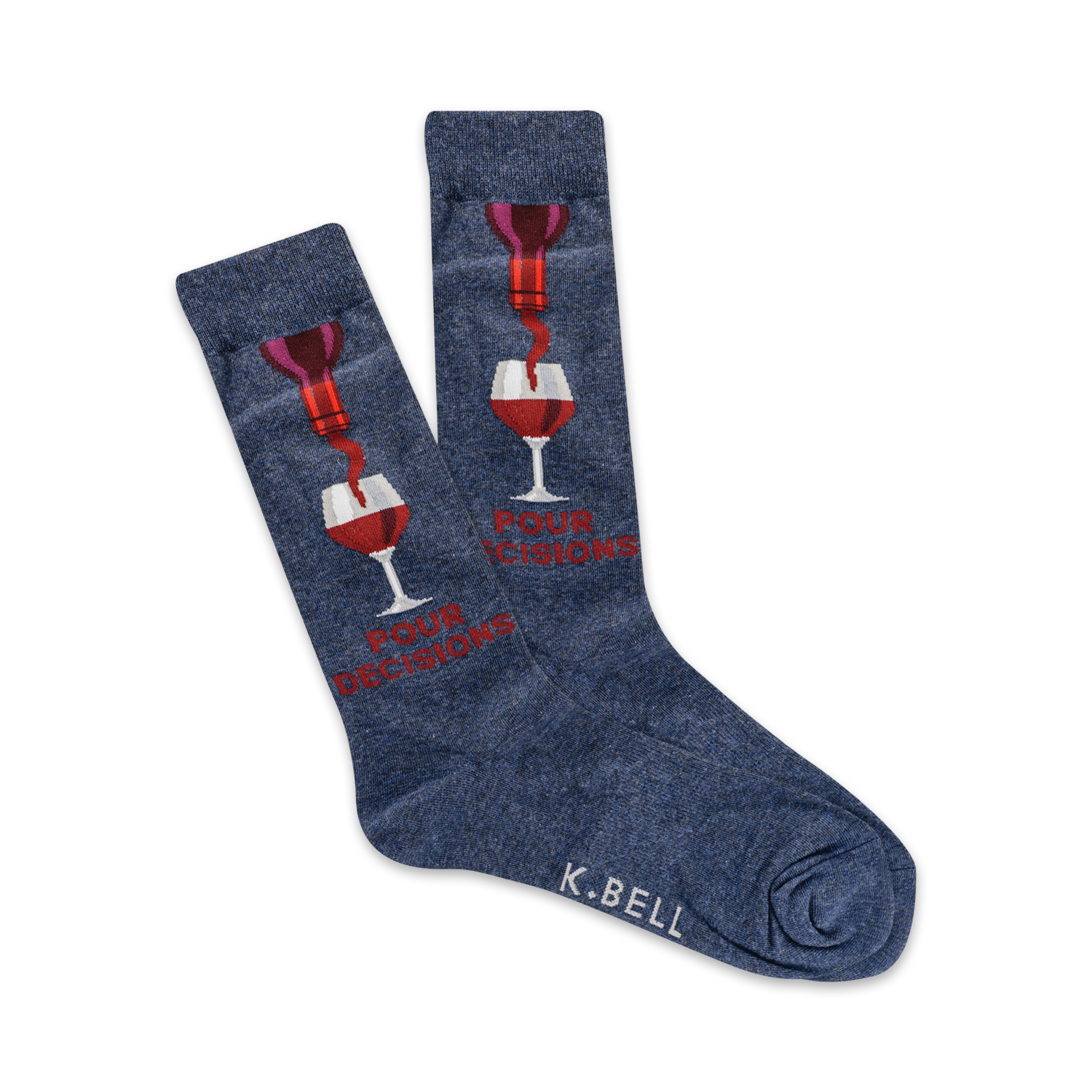 A pair of navy blue crew socks with a red wine bottle pouring into a wine glass graphic and the text 'Pour Decisions'.