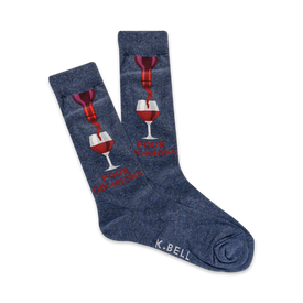 crew length socks for men in dark blue with red wine pour graphic and "pour decisions" wording.   