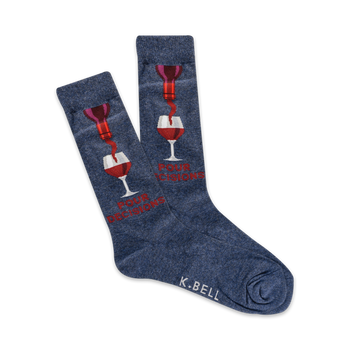 crew length socks for men in dark blue with red wine pour graphic and "pour decisions" wording.   