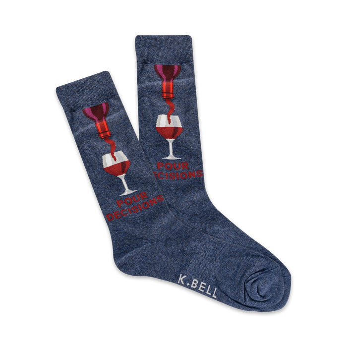 crew length socks for men in dark blue with red wine pour graphic and 