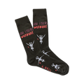 A pair of dark-greenish brown crew socks.  The socks have a 'Wine Lovers Workout' design with illustrated corkscrews and numbers 1-3.