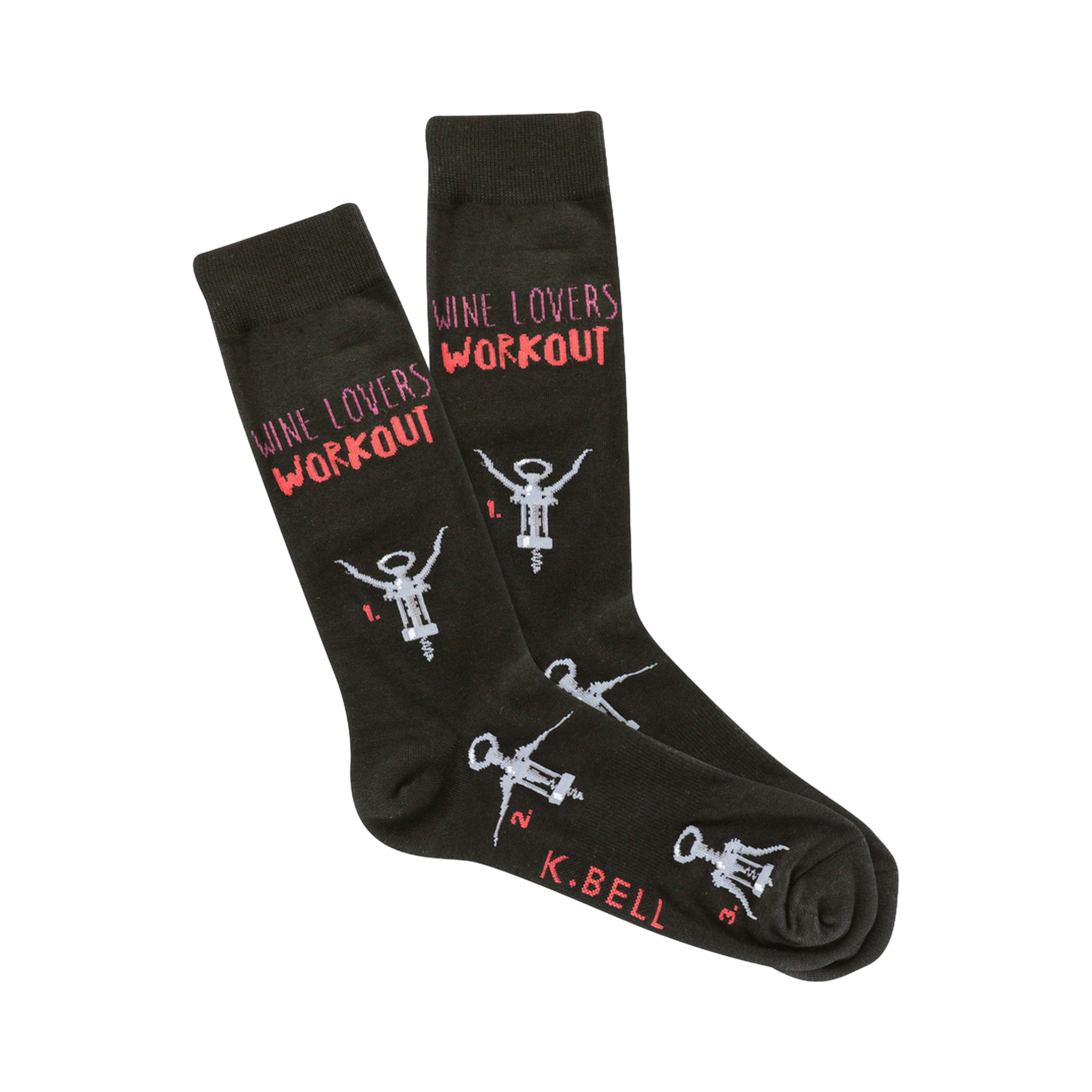A pair of dark-greenish brown crew socks.  The socks have a 'Wine Lovers Workout' design with illustrated corkscrews and numbers 1-3.