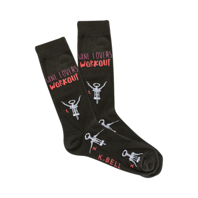 A pair of dark-greenish brown crew socks.  The socks have a 'Wine Lovers Workout' design with illustrated corkscrews and numbers 1-3.