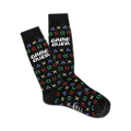 A pair of black crew socks with a playful 'Game Over' design.  The socks feature colorful retro gaming symbols like squares, circles, and triangles.