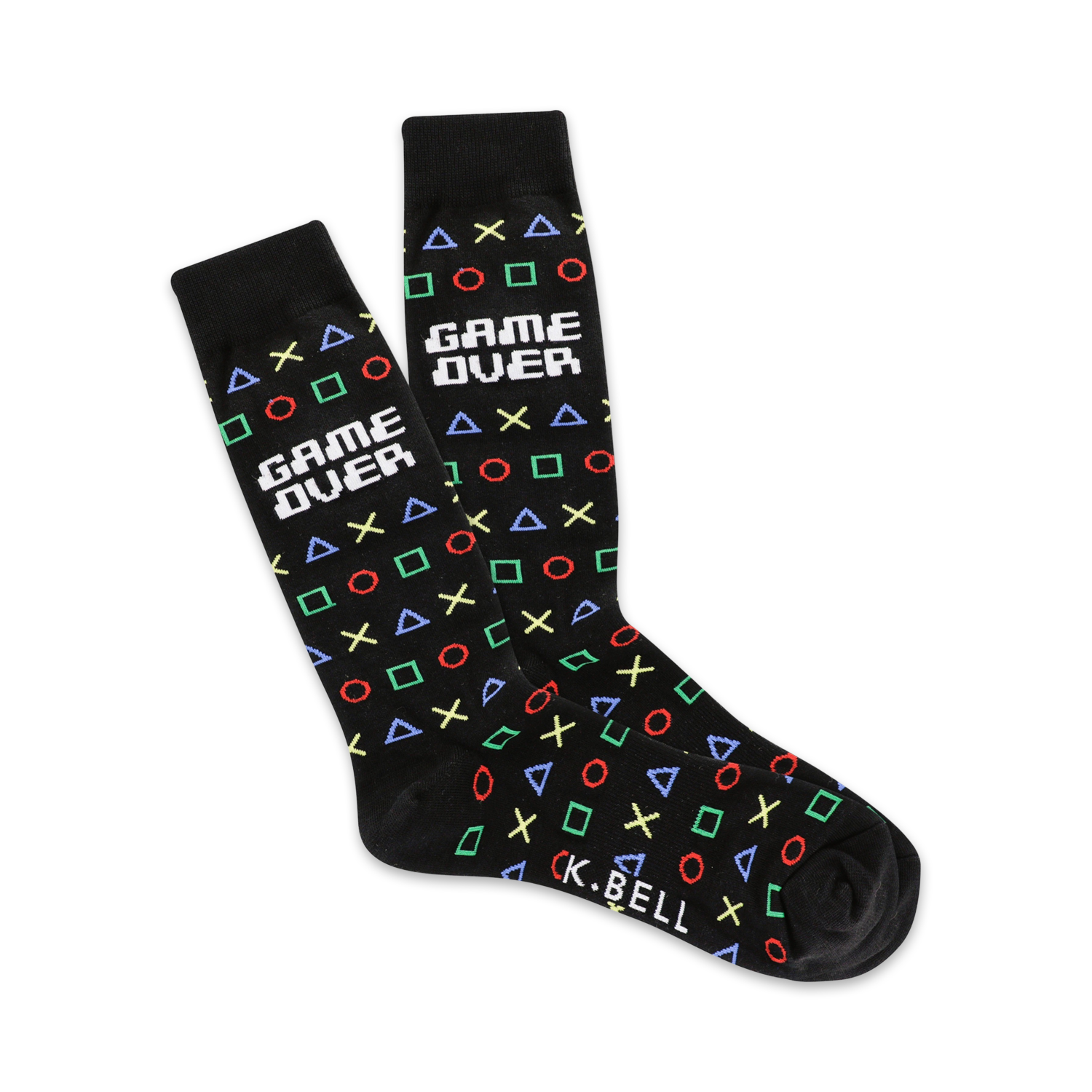 A pair of black crew socks with a playful 'Game Over' design.  The socks feature colorful retro gaming symbols like squares, circles, and triangles.