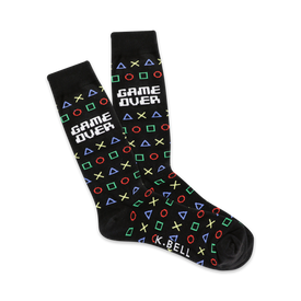 black crew socks for men with a colorful pattern of video game controller symbols.   