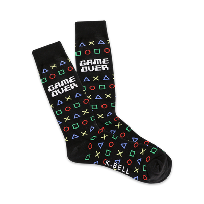 black crew socks for men with a colorful pattern of video game controller symbols.   