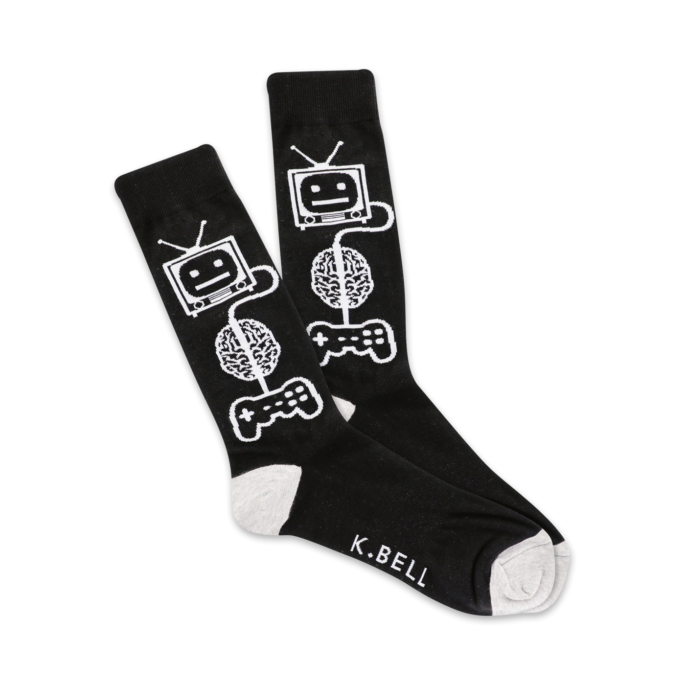 Pair of black crew socks with a white design featuring a retro TV, brain, and game controller.  The socks have grey cuffs and 'K.BELL' is subtly printed on the foot.