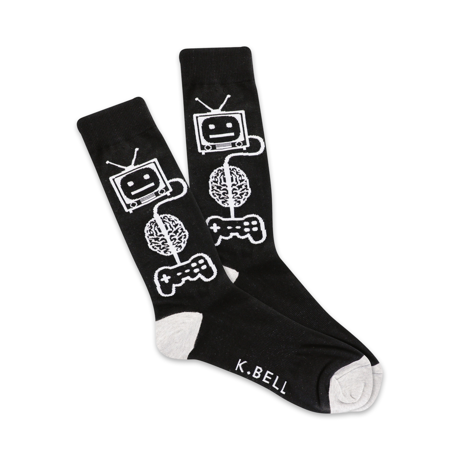 Pair of black crew socks with a white design featuring a retro TV, brain, and game controller.  The socks have grey cuffs and 'K.BELL' is subtly printed on the foot.