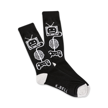 men's crew socks in black with a pattern of white brains with tiny televisions and video game controllers on them.   