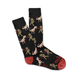 mens crew socks feature dinosaur vs robot pattern in shades of green and grey   