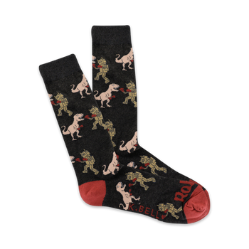 mens crew socks feature dinosaur vs robot pattern in shades of green and grey   