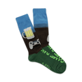 Crew socks in blue, brown, and green. Design includes a beer stein, video game controller, and the words 'Game Day'.