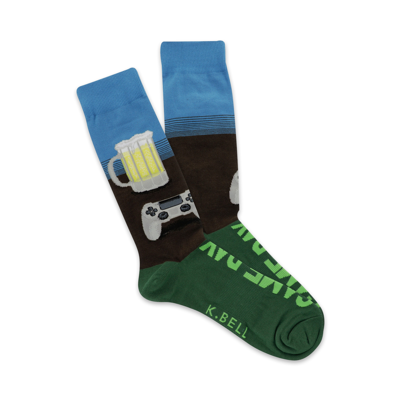 Crew socks in blue, brown, and green. Design includes a beer stein, video game controller, and the words 'Game Day'.
