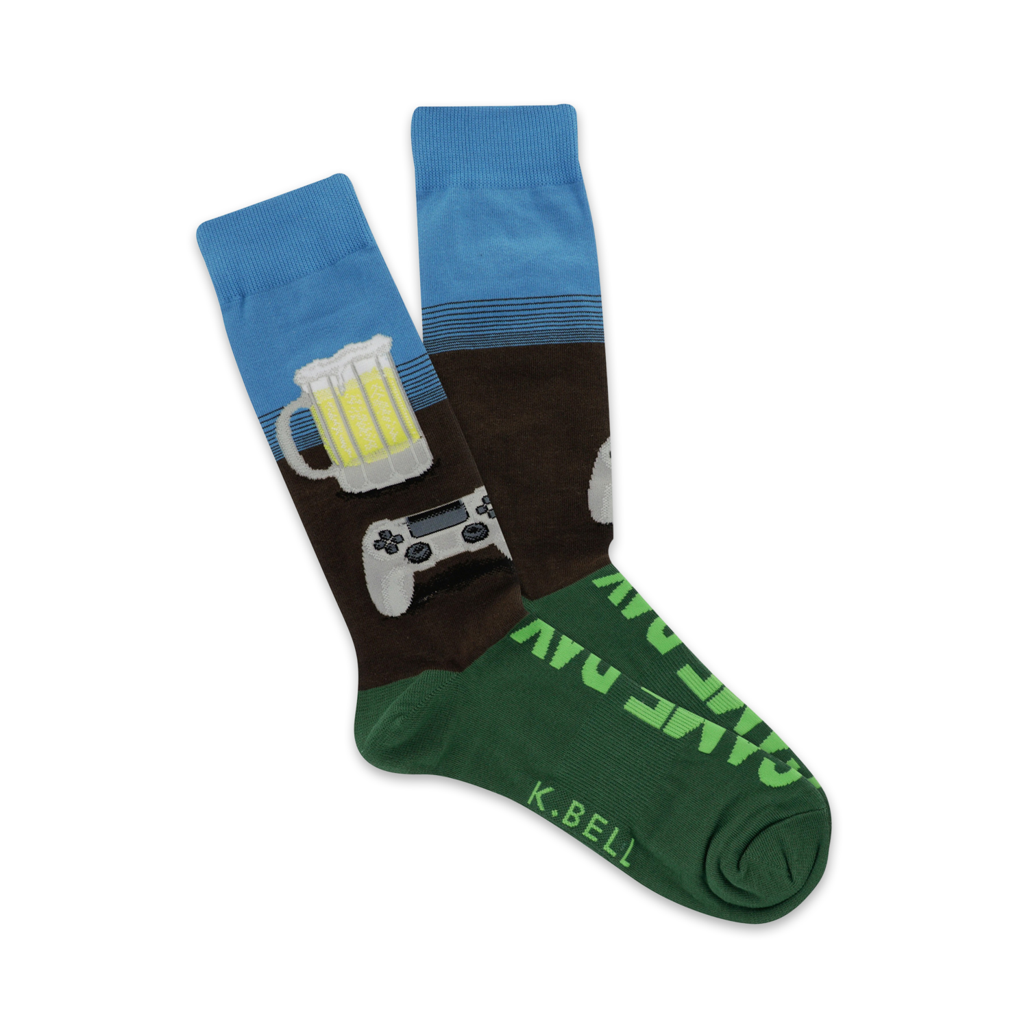 Crew socks in blue, brown, and green. Design includes a beer stein, video game controller, and the words 'Game Day'.