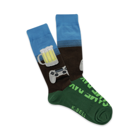 brown, blue, and green beer mug and video game controller patterned crew socks for men.    