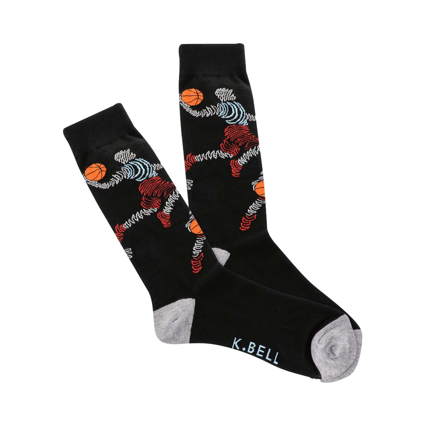 Pair of black crew socks with a zigzag pattern featuring stylized basketball players in red, orange, and light blue. Grey cuffs.