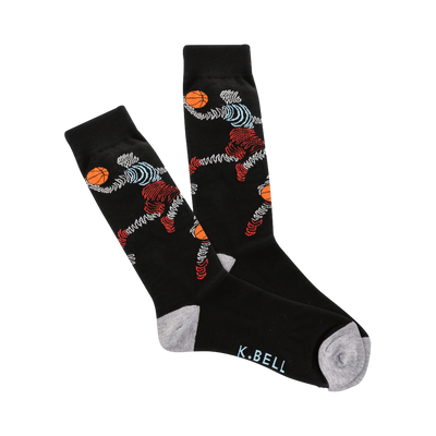 Pair of black crew socks with a zigzag pattern featuring stylized basketball players in red, orange, and light blue. Grey cuffs.