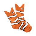 Crew socks featuring orange and white stripes, clownfish faces, and bodies.  A fun, whimsical design.