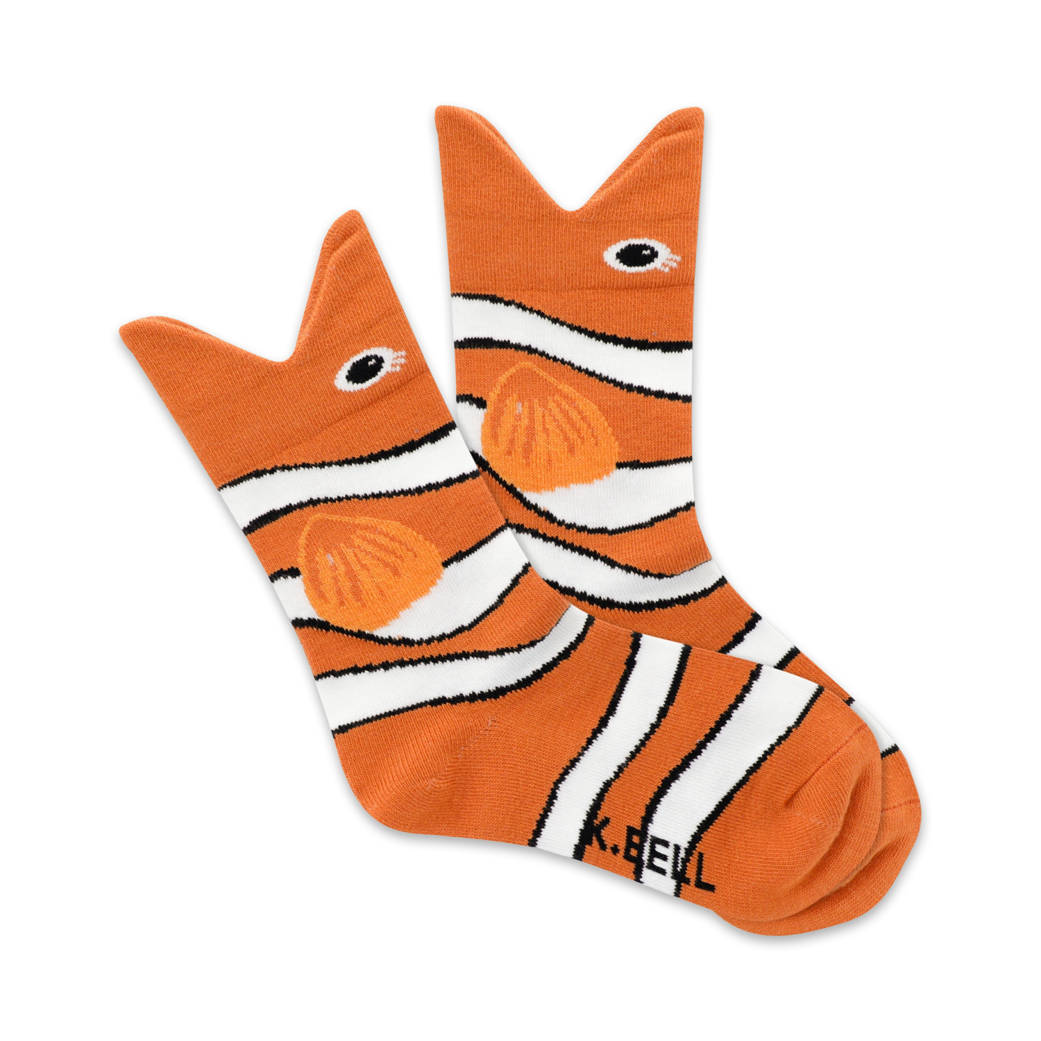 Crew socks featuring orange and white stripes, clownfish faces, and bodies.  A fun, whimsical design.