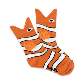  orange and white striped crew socks with a clownfish pattern for kids.  